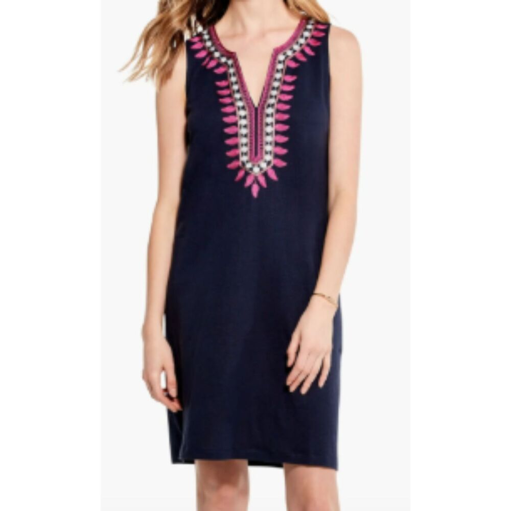 NIC+ZOE Shift Dress Embroidered Linen Blend Sleeveless Navy Blue Size S